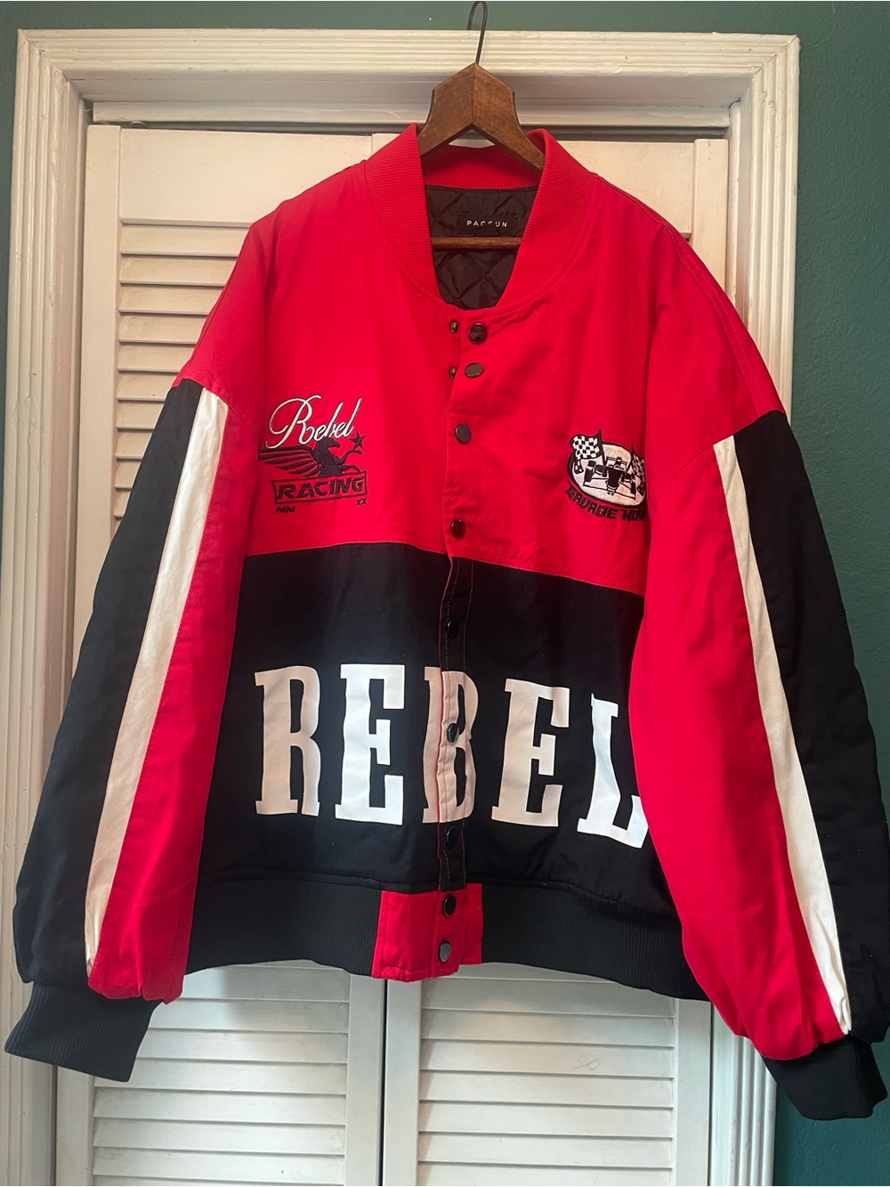 PacSun Red, Black and White Rebel Racing Bomber Jacket